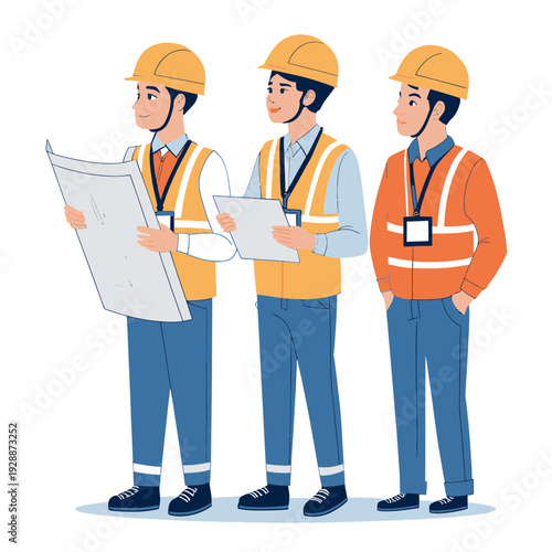 Flat vector illustration of construction workers in safety vests and hard hats, one holding blueprints