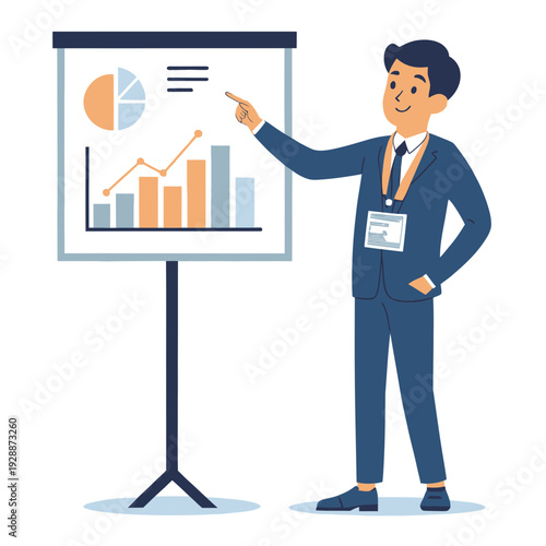 Business professional giving a presentation with charts and graphs on a whiteboard