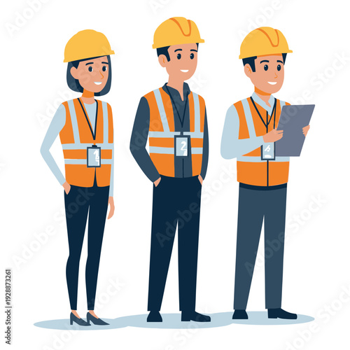 Flat vector illustration of construction workers standing together, wearing safety vests and hard hats