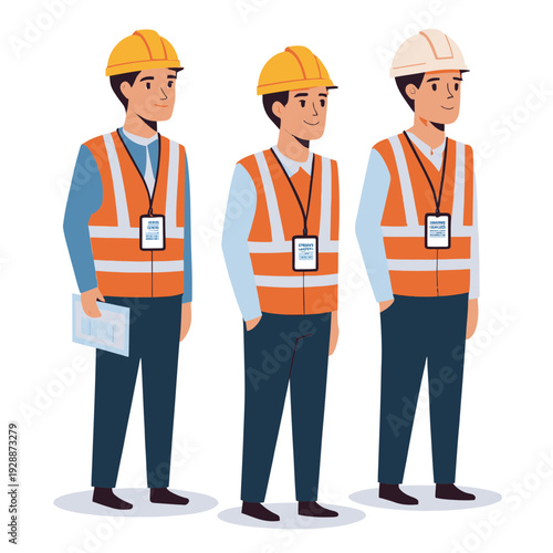 Three male construction workers in safety vests and hard hats, depicted in a flat vector illustration style
