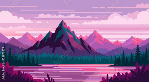 Vector illustration of serene mountain lake forest landscape at pink purple sunset