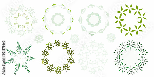 Abstract floral and leaf arrangements in varying shades of green