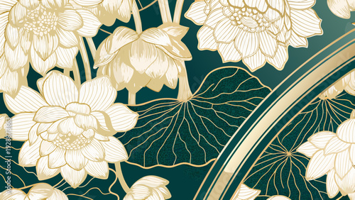 Elegant golden lotus flowers and leaves on a dark teal background