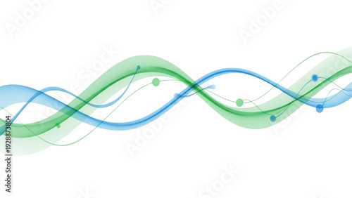 Abstract intertwining blue and green waves with scattered data points illustrating digital flow and connectivity