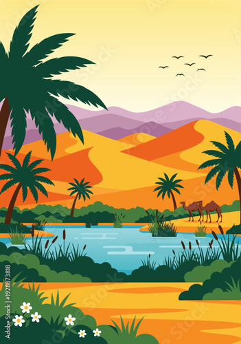 Vector illustration of tranquil desert oasis lake at sunset with palm trees and mountains