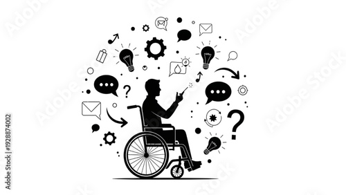 Person in Wheelchair with Icons Representing Ideas, Questions, and Problem Solving
