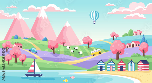 Colorful vector illustration of sailboat sailing along tropical beach coastline village