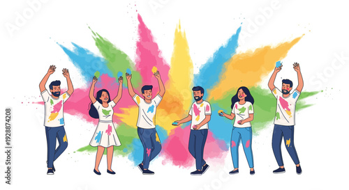 Joyful Friends Dancing Holi Powder Celebration