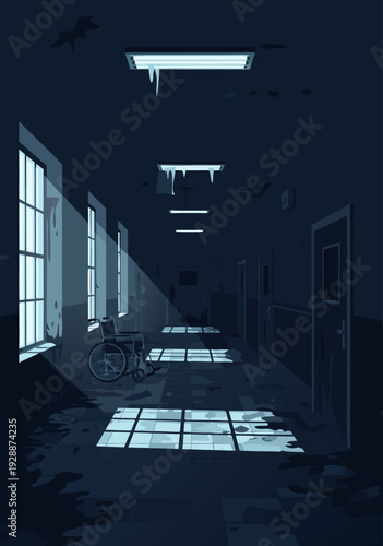 Dark abandoned corridor vector illustration with eerie skylight shadows stretching into distance