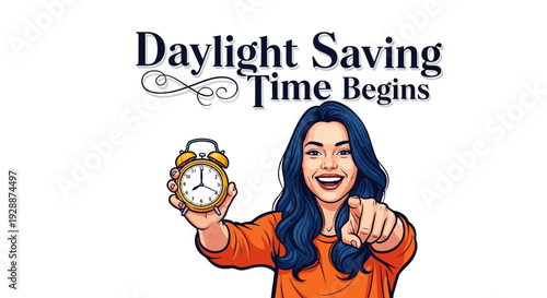 Illustration of a man adjusting a large clock with the text 'Daylight Saving Time Begins' in a colorful, graphic design with a sunny background.