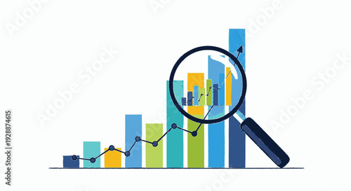 Financial analysis magnifying glass icon, abstract geometric data design.