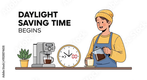 A woman in a yellow shirt and blue apron prepares coffee next to a clock and coffee maker with a potted plant on the counter, marking daylight saving time begins in a modern kitchen with a