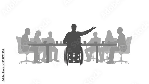 Empowered individual in a wheelchair leading a diverse business meeting with confident communication