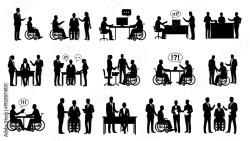 Silhouettes of diverse business professionals, including individuals with disabilities, interacting in various inclusive workplace scenarios