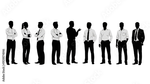 Diverse group of business professionals in black silhouette standing and interacting, representing corporate teamwork and leadership