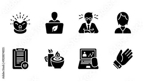 Illustrative icons depicting modern daily life, professional productivity, stress management, and peaceful well-being for a balanced routine