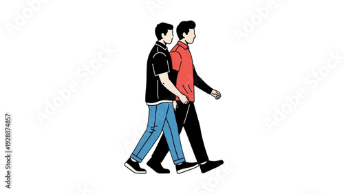 Stylized illustration depicting two men walking side-by-side, showcasing modern companionship and dynamic movement