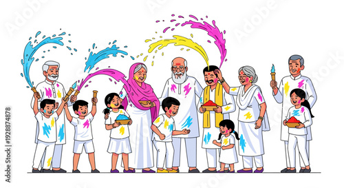 Vibrant Family Holi Celebration Courtyard