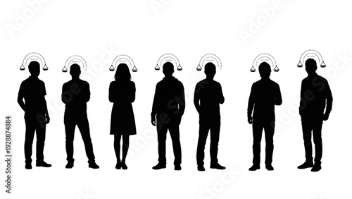 Group of people silhouettes with wireless connection icons, symbolizing communication and digital networking