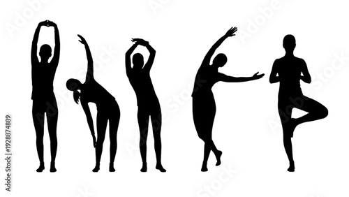Silhouettes of people performing various stretching and yoga poses