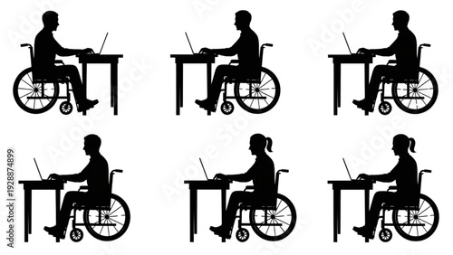 Silhouettes of people in wheelchairs using laptops at desks
