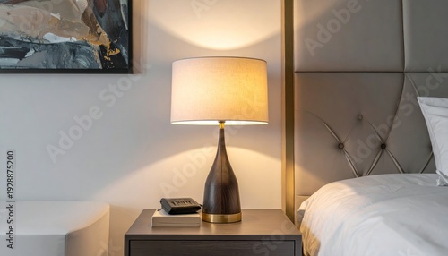 Elegant bedside lamp illuminating a modern hotel room interior.