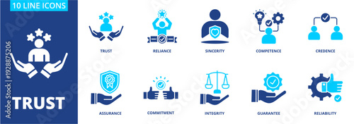 TRUST icon collection set. Containing Trust, Reliance, sincerity, competence, credence, assurance, commitment, integrity, guarantee, reliability. dual tone vector.