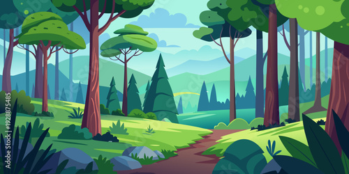 Serene forest landscape with winding path through tall trees