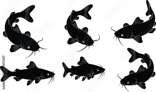 Black Catfish Silhouettes Collection Isolated on White Background, Freshwater Fish Vector Illustration Set for Fishing, Aquaculture, and Wildlife Design