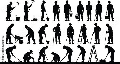 Construction Worker Silhouettes Collection Isolated on White Background, Builders Painting, Digging and Repairing with Tools Vector Set