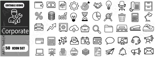 Corporate Icon Set: Editable Line Icons for Business, Finance, Marketing, and Communication Presentations