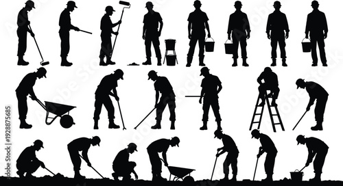 Construction Worker Silhouettes Collection Isolated on White Background, Builders with Tools, Painting, Digging, and Repair Work Vector Set