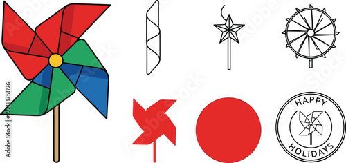 Colorful Pinwheel and Holiday Vector Illustration Set with Rainbow Paper Spinner Designs Sparklers Star Shapes and Happy Holidays Badge Icons