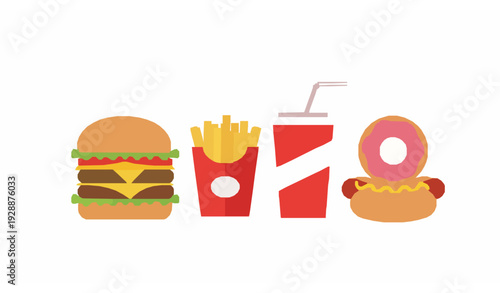 Minimal fast food vector collection with burger, fries, hotdog, soda, and donut for illustration and design projects