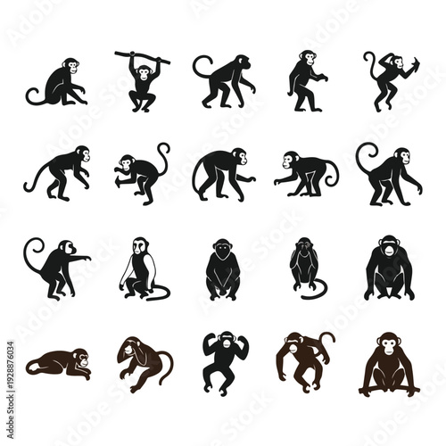 A collection of black and brown monkey silhouettes in various poses on a white background.
