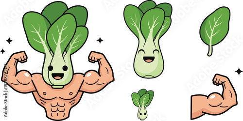 Bok Choy Character and Healthy Lifestyle Vector Illustration Set with Muscular Vegetable Mascot Happy Green Leaf Face and Strength Fitness Icons