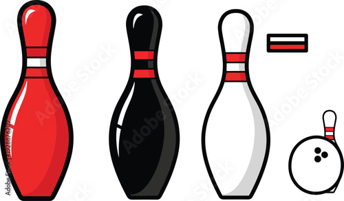 Bowling Pin and Ball Vector Illustration Set with Red Black and White Bowling Pins Sports Competition and Leisure Activity Icons