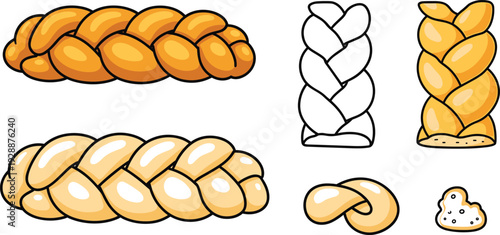Braided Bread and Challah Vector Illustration Set with Golden Brown Crusty Loaf Traditional Jewish Bakery Products and Braided Pastry Icons