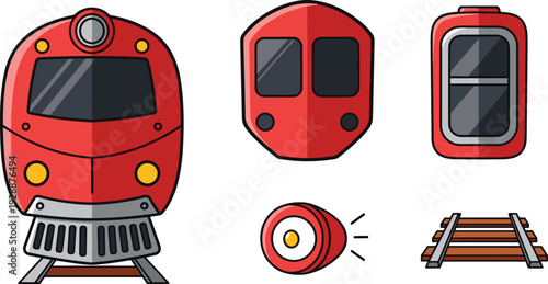 Red Modern Train and Railway Vector Illustration Set with Locomotive Front View Metro Carriage Headlight and Railroad Track Design Elements