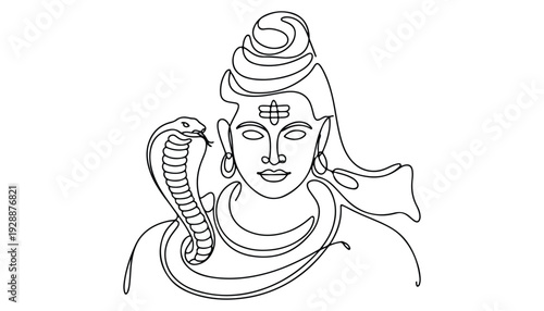 One continuous line illustration of an lord shiv , isolated on white background.