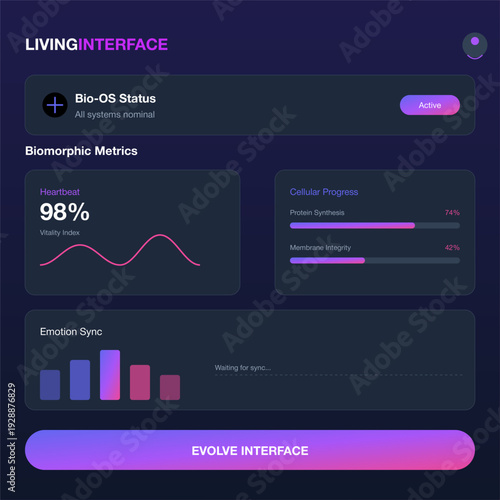 A sleek, dark-themed futuristic dashboard titled 'LIVINGINTERFACE' showcasing biomorphic metrics. The visual features neon purple and pink gradients with various data widgets including a heartbeat 