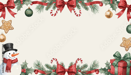 Gemini said

Merry Christmas and Happy New Year vector illustration featuring a festive holiday frame border decorated with winter holly berries, green fir pine branches, xmas bells, and celebration g