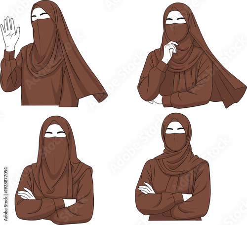 Muslim Woman in Hijab and Niqab Showing Different Expressions Isolated on White Background Cultural Vector Illustration Set