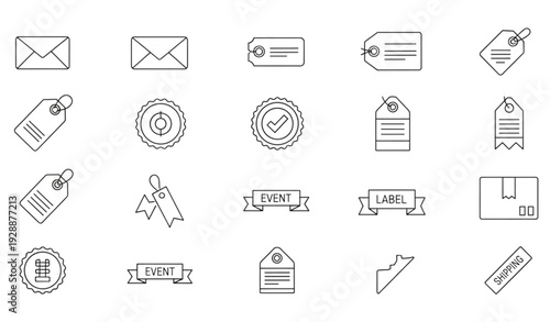 A set of line art icons featuring various labels and tags