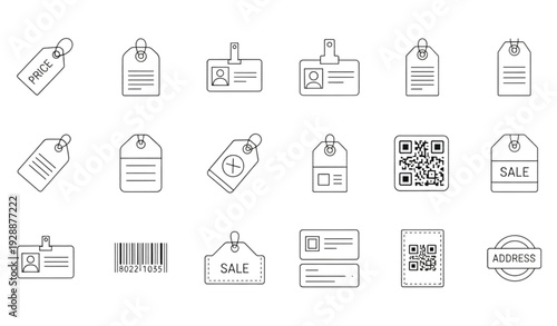 A set of line art vector icons depicting various label and tag designs