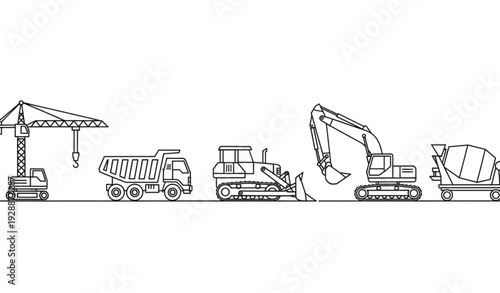 A line of construction vehicles including a crane, truck, bulldozer, excavator, and cement mixer in a simple black and white vector illustration