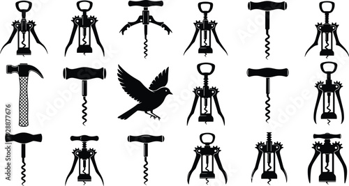 Vintage Corkscrew and Wine Opener Silhouette Collection with Flying Bird Isolated on White Background Vector Illustration Set