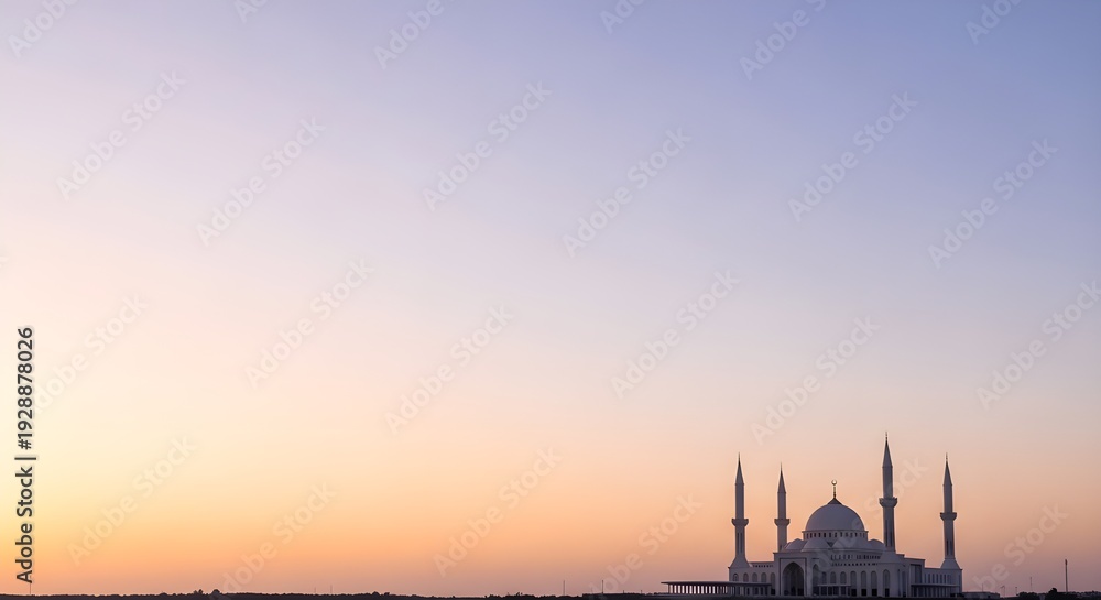 Fototapeta premium Serene evening view of a majestic mosque silhouette with a vibrant orange and purple gradient sky.