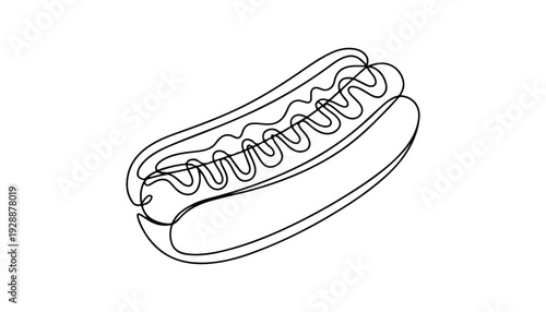 One continuous line illustration of an hot dog, isolated on white background.