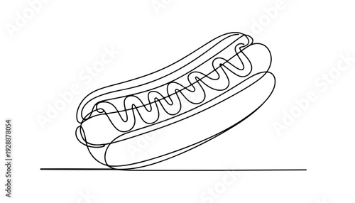 One continuous line illustration of an hot dog, isolated on white background.